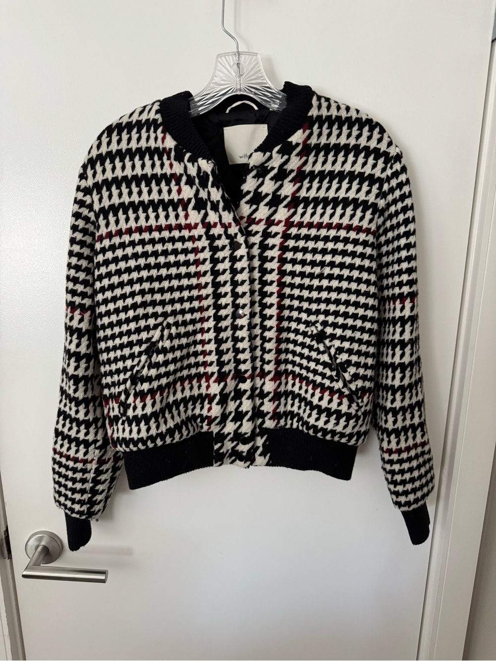 Wilfred Black and White Houndstooth Bomber Jacket with Red Accents Size Small